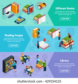 Library isometric horizontal banners with different books and reading people in fantasy style vector illustration 