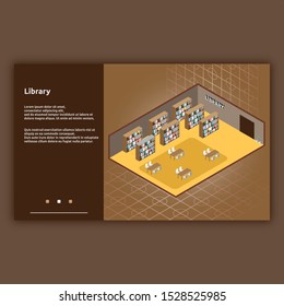 Library. Isometric interior building with 3d images. Isometric illustration design for interiors, buildings, room and more.

