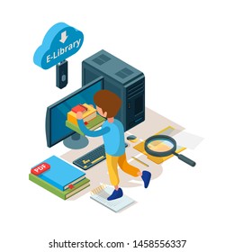Library isometric. Online education book and readers digital archiving university college students learning vector school library. Illustration of education isometric with online e-library