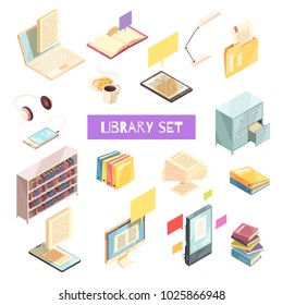 Library isometric set with book shelves locker for catalog gadgets headphones and reading lamp vector illustration