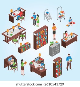 Library Isometric Set class cabinet learning read people room