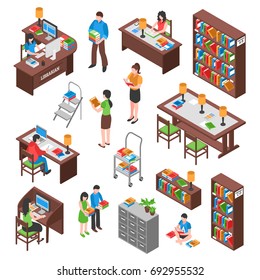 Library isometric set with employee visitors workplaces bookcases and filing cabinet desks for reading isolated vector illustration