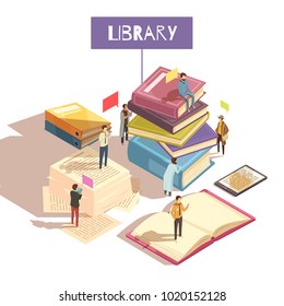 Library isometric vector illustration with mini figurines of communicating people sitting and standing on giant stacks of paper books 