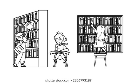 library kid vector. child school, boy book, education knowledge, student study, literature little library kid character. people black line illustration