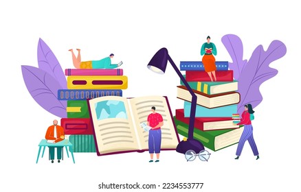 Library and knowledge book reading people vector illustration. Tiny people sitting on bookshelves reading books. Education and study, learning literature. University library readers