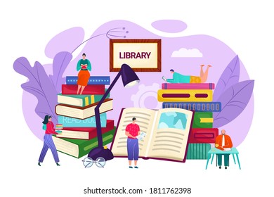 Library and knowledge concept, vector flat illustration. Tiny people sitting on bookshelves reading books. Education and study, learning literature. University library readers.