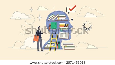Library knowledge is depicted with books, a ladder, and a human silhouette, symbolizing learning and growth. Neubrutalism style.
