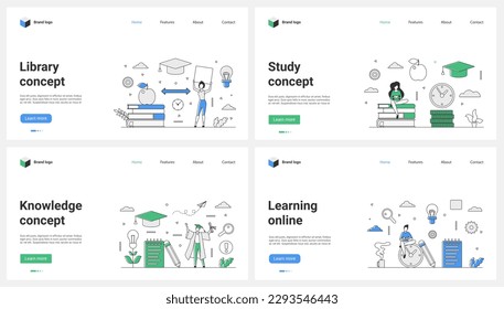 Library knowledge and study, online learning set vector illustration. Cartoon tiny students sitting on clock, textbooks and books for academic education, graduate in robe holding diploma certificate
