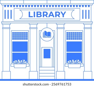 Library line art illustration. Building facade icon with entrance on white background. One color blue outline isolated graphic. Old vintage architecture. Infographic with editable stroke.