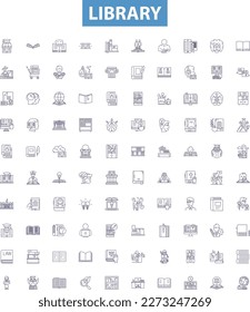 Library line icons, signs set. Library, Books, Reference, Sections, Knowledge, Catalog, Resources, Reading, Shelves outline vector illustrations.
