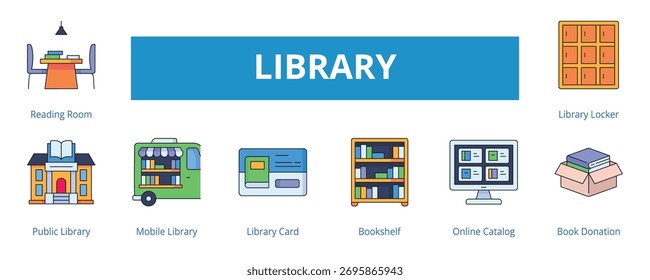 Library Lineal Color Banner Web Icon Set Vector Illustration