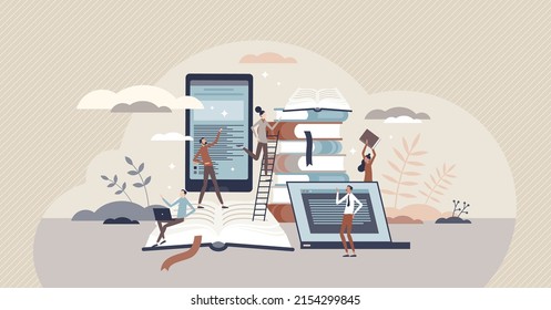 Library with literature books for online archive reading tiny person concept. Education app and academic online knowledge service vector illustration. Bookstore with internet e-books shelf technology.