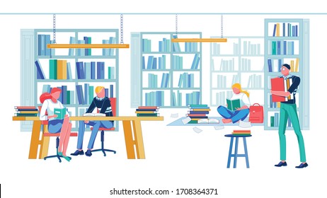 Library in Local University with Shelving, Desk and Chair to Take Seat and Study. Student Getting Ready for Next Class and Doing College Homework Together. Boy and Girl Reading at Table or on Floor.