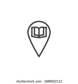 Library location pin line icon. linear style sign for mobile concept and web design. Map marker with book outline vector icon. Symbol, logo illustration. Vector graphics