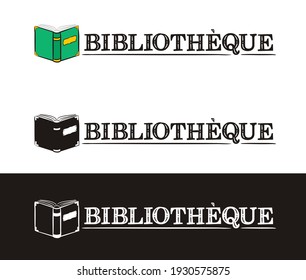 Library logo for France. Hand-drawn icon of an opened book. Library emblem in chalk style on a black chalkboard. Vector illustration for poster, banner or app design. Translation: Library