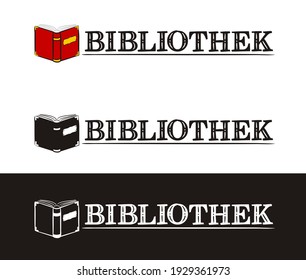 Library logo for Germany. Hand-drawn icon of an opened book. Library emblem in chalk style on a black chalkboard. Vector illustration for poster, banner or app design. Translation: Library