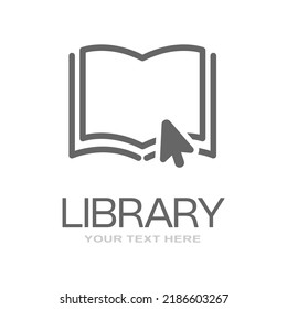 Library. Logo template with an open book and a cursor arrow. A sample for websites, applications and creative ideas. Flat style.