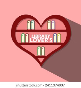 Library Lovers' Day event banner. A heart-shaped bookshelf with books and bold text hanging on a pink wall background to celebrate on February 14