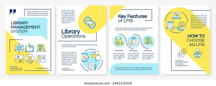 Library management benefits brochure template. RFID technology. Leaflet design with linear icons. Editable 4 vector layouts for presentation, annual reports. Questrial, Lato-Regular fonts used