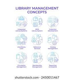 Library management blue gradient concept icons. RFID technology, book circulation. Customer service. Icon pack. Vector images. Round shape illustrations for article, blog post. Abstract idea
