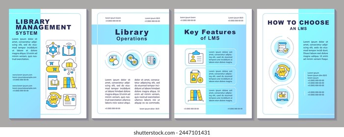 Library management features brochure template. User service. Leaflet design with linear icons. Editable 4 vector layouts for presentation, annual reports. Arial-Black, Myriad Pro-Regular fonts used