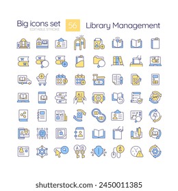 Library management RGB color icons set. RFID technology, books managing. Customer personalized service. Isolated vector illustrations. Simple filled line drawings collection. Editable stroke