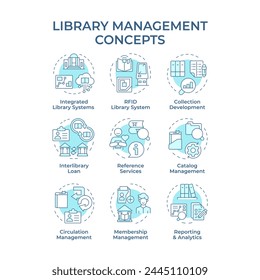 Library management soft blue concept icons. RFID technology, book circulation. Customer service. Icon pack. Vector images. Round shape illustrations for article, blog post. Abstract idea
