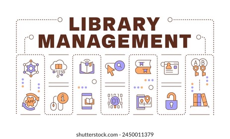 Library management word concept isolated on white. Resource management. Information security measures. Creative illustration banner surrounded by editable line colorful icons. Hubot Sans font used