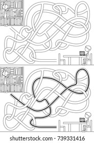 Library maze for kids with a solution in black and white