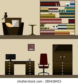 library and men's room interior isolated on stylish cover. Bright modern illustration in trendy flat style for use in design for for card, invitation, poster, banner, placard or billboard background