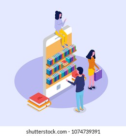 Library mobile online isometric concept. Micro people reading books. Vector illustration. 