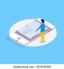 Library mobile online isometric concept. Micro people reading books. Vector illustration. 