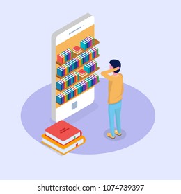 Library mobile online isometric concept. Micro people reading books. Vector illustration. 