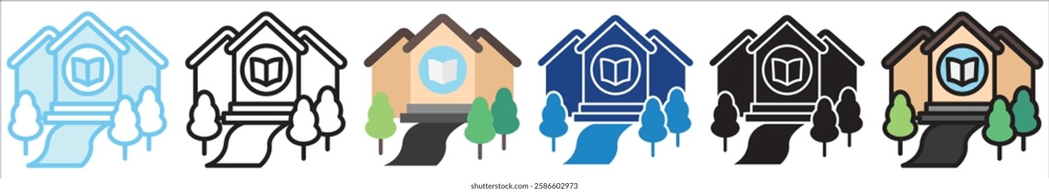 Library multi style, mini illustration icon. outline, flat, glyph, line color, UI, UX, app and web, digital or print. For education, construction, transportation, environment, urban planning.