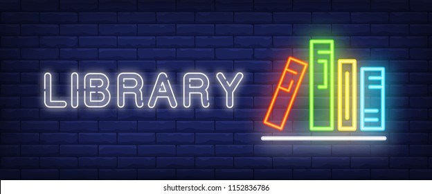 Library neon text and books on shelf. Education, literature and knowledge concept. Advertisement design. Night bright neon sign, colorful billboard, light banner. Vector illustration in neon style.