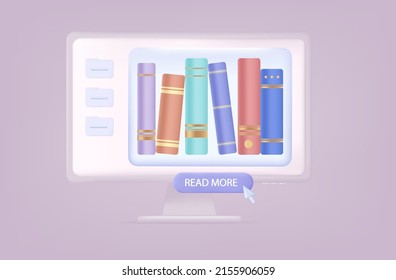 Biblioteca en línea 3d. Seleccione la columna vertebral del libro en formato electrónico en el equipo. Búsqueda, selección de un libro de texto en la tienda online. El concepto de aprendizaje, educación. Tutorial digital. Vector