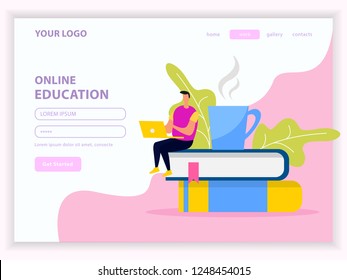 Library and online education flat web landing page with user account on white pink background vector illustration