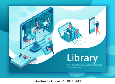 Library online isometric landing page, digital education concept, people read book on laptop, study dictionary at university, cloud computing, information database, website template design