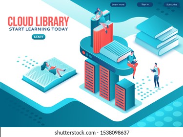 Library online isometric landing page, digital education concept, people read book on laptop, study dictionary at university, cloud computing, information database, website template design