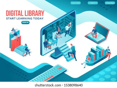 Library online isometric landing page, digital education concept, people read book on laptop, study dictionary at university, cloud computing, information database, website template design