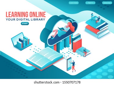 Library online isometric landing page, digital education concept, people read book on laptop, study dictionary at university, cloud computing, information database, website template design
