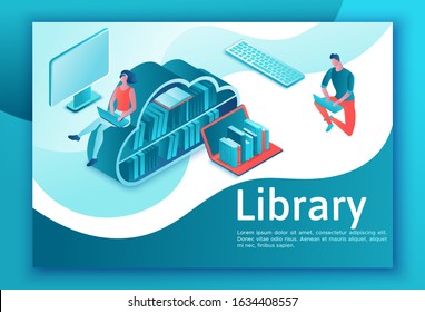 Library online isometric landing page, digital education concept, people read book on laptop, study dictionary at university, cloud computing, information database, website template design