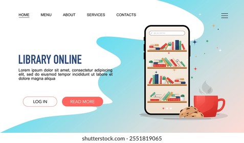 Library Online landing page website template with mobile interface with bookshelves, a coffee cup and snack