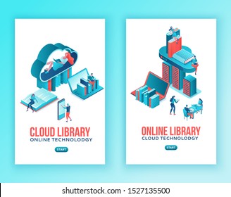 Library online mobile template isometric set, cloud computing mobile template collection, people read book on laptop, student with ebook, digital education, dictionary, vertical layout