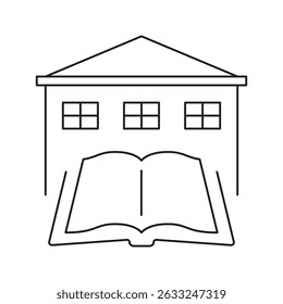 Library With Open Book Line Icon. Knowledge, Education, And Learning Center Outline Symbol. Academic Resource, Information Access, And Study Facility. Editable Stroke. Isolated Vector Illustration.