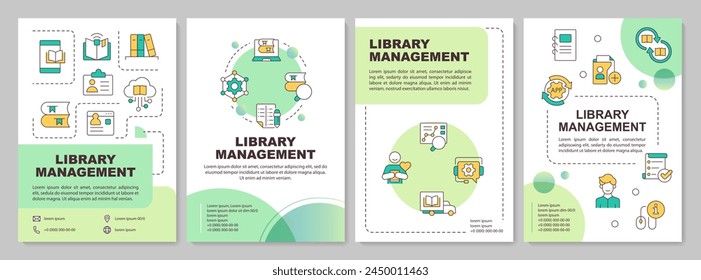 Plantilla del folleto del sistema de organización de Biblioteca. Diseño de folleto con iconos lineales. Editable 4 diseños de Vector para presentación, informes anuales. Arial-Bold, Myriad Fuentes Pro-Regular utilizadas