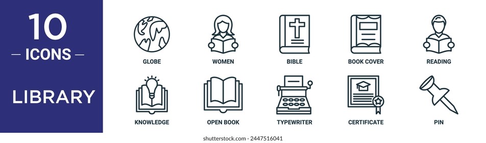 library outline icon set includes thin line globe, women, bible, book cover, reading, knowledge, open book icons for report, presentation, diagram, web design