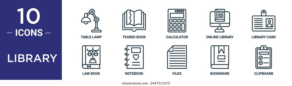 Conjunto de iconos de contorno de Biblioteca incluye lámpara de mesa de línea fina, libro rasgado, calculadora, Biblioteca en línea, tarjeta de Biblioteca, libro de leyes, iconos de cuaderno para informe, presentación, diagrama, Diseño web