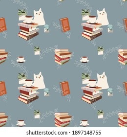 Library pattern. Seamless vector doodle pattern with books, bookshelves, houseplants, table lamps, cat and cups of coffee or tea.
