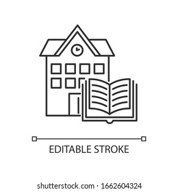 Library pixel perfect linear icon. Educational establishment. Book storage. Campus building. Thin line customizable illustration. Contour symbol. Vector isolated outline drawing. Editable stroke